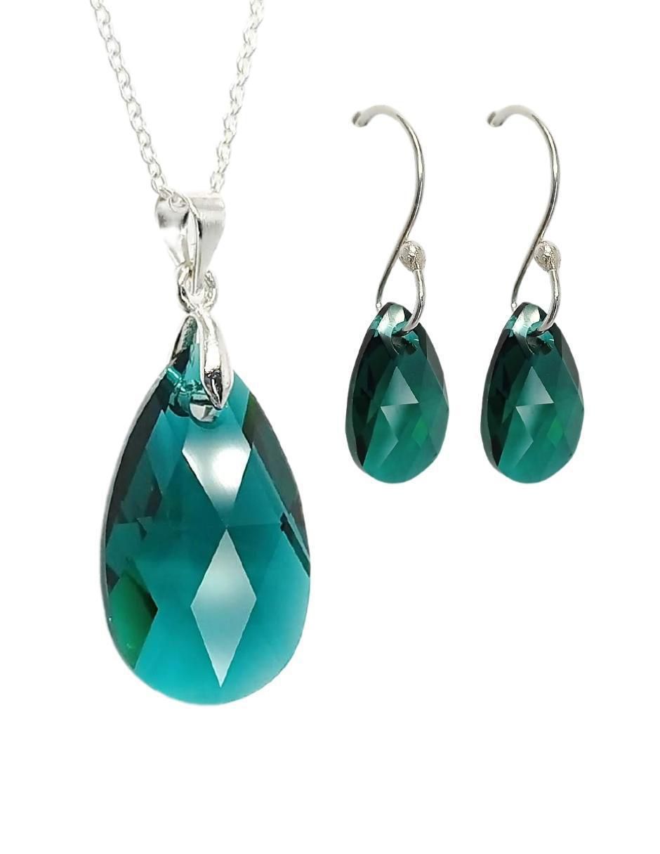 Aretes y collar de hoja Leaves de plata p 925 cristal