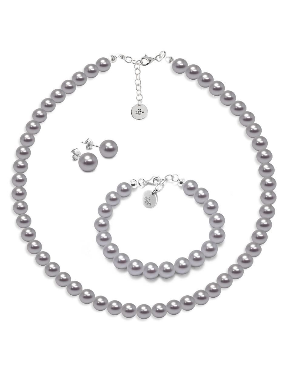 Aretes, collar y pulsera redonda Pearls de plata p 925 cristal