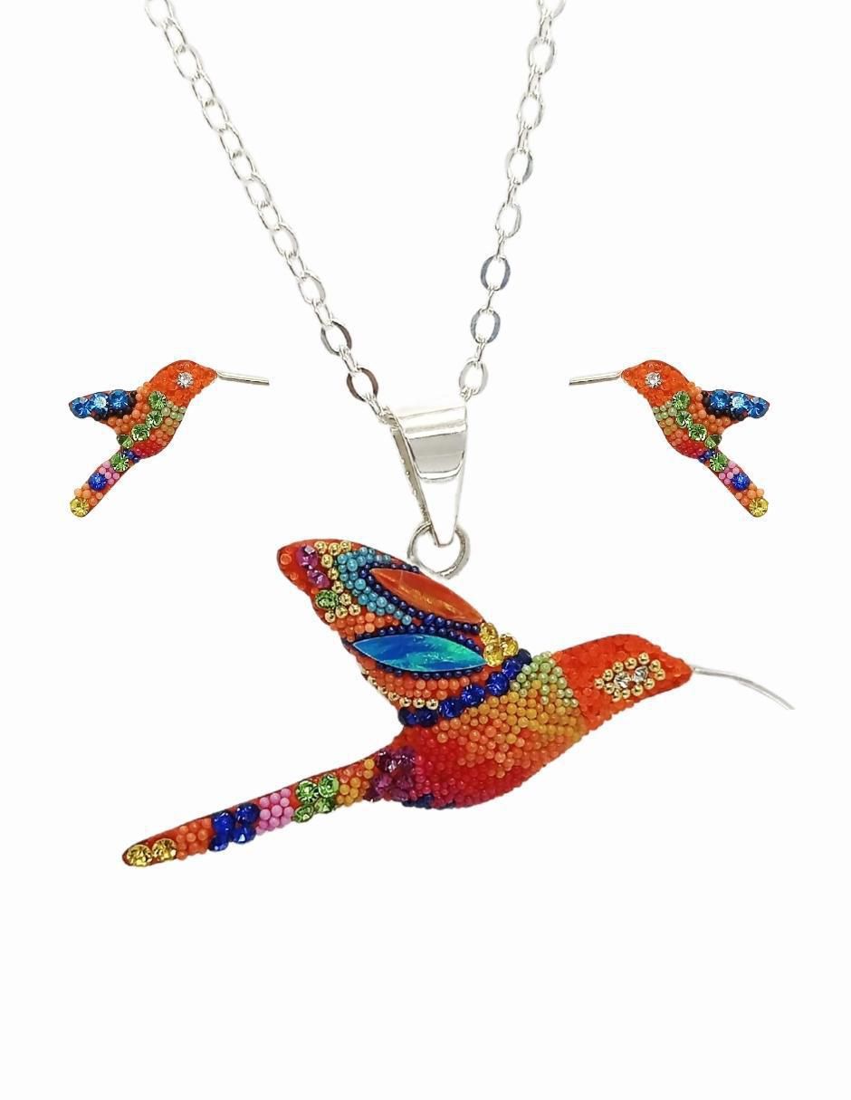 Aretes y collar de colibrí de plata p 925 swarovski