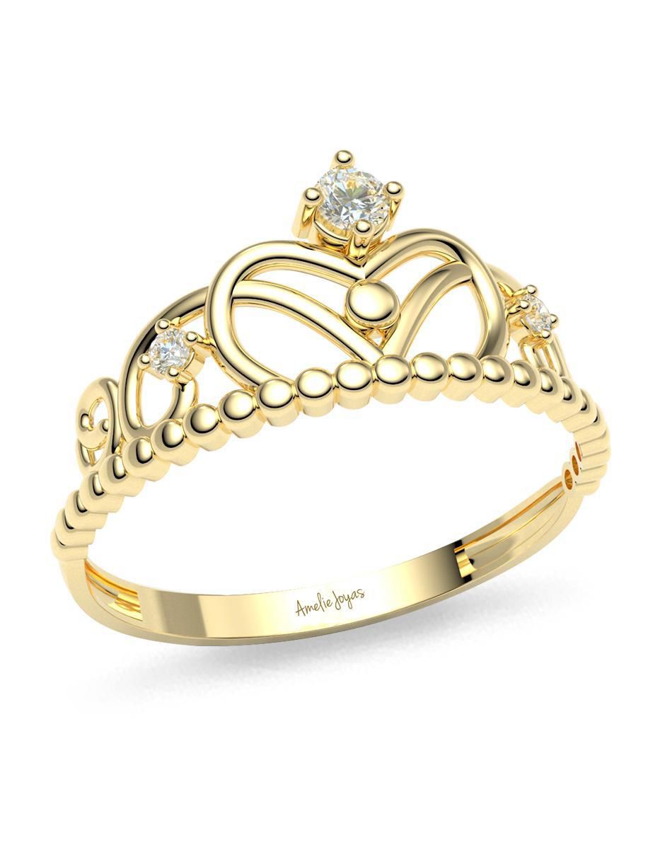 Anillo de corona 14 k de oro zirconia brillante