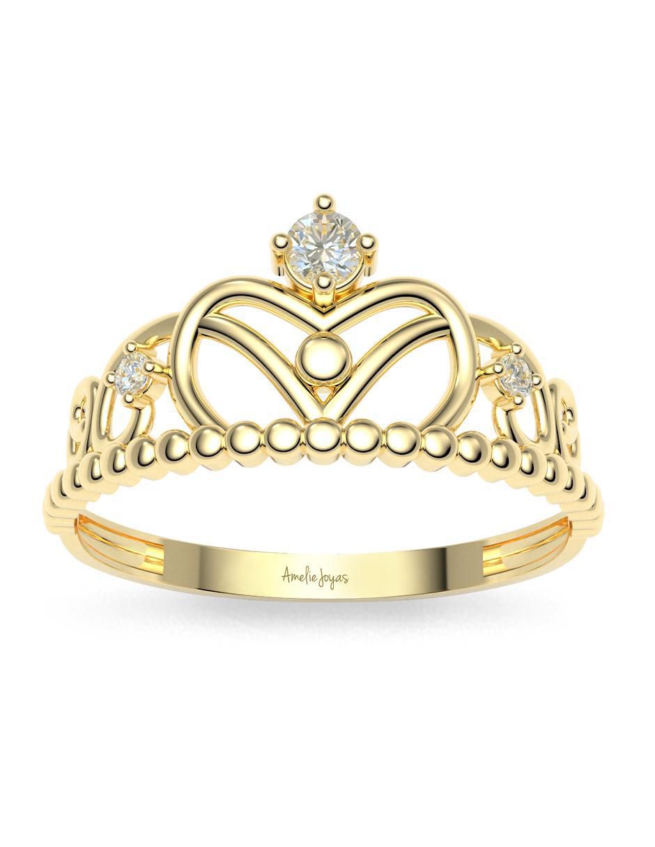 Anillo de corona 14 k de oro zirconia brillante