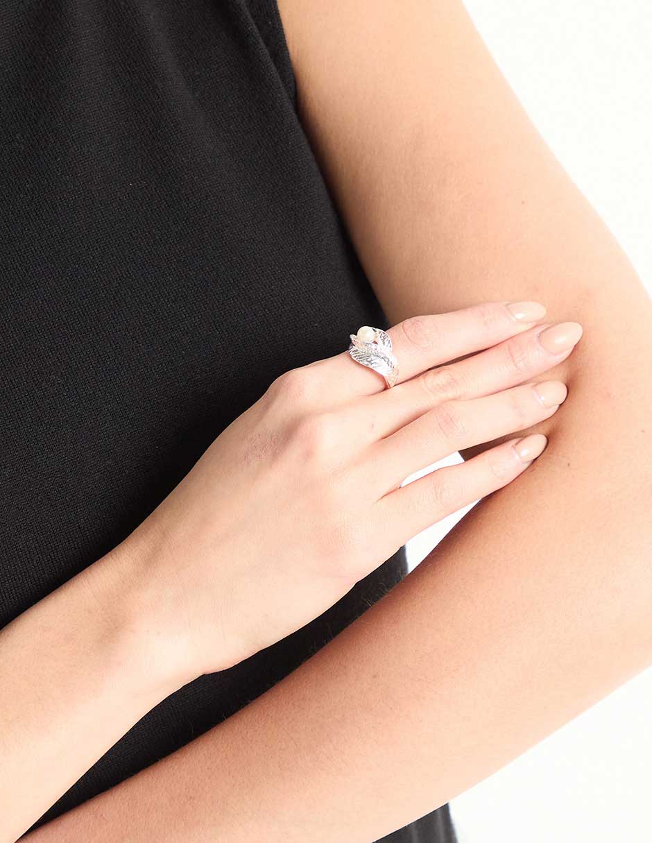 Anillo de hoja Flores de plata perla brillante 4