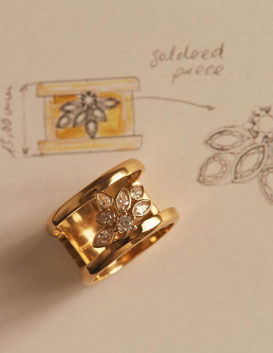Anillo con gema Suculenta 18 k circonita baño de oro