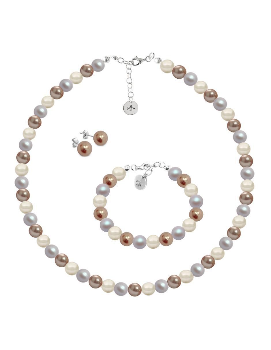 Aretes, collar y pulsera redonda Pearls de plata p 925 cristal Aretes, collar y pulsera redonda Pearls de plata p 925 cristal