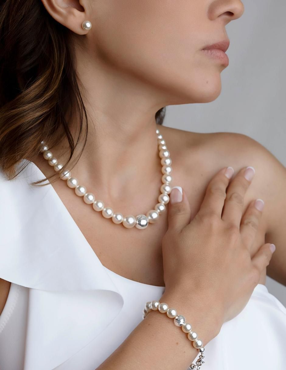 Aretes, collar y pulsera redonda Pearls de plata p 925 cristal 6