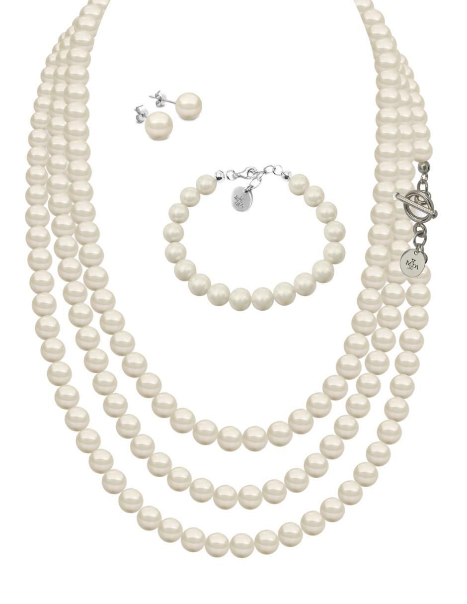 Aretes, collar y pulsera redonda Pearls de plata p 925 cristal Aretes, collar y pulsera redonda Pearls de plata p 925 cristal