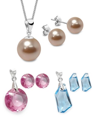 Aretes y collar redondo Pearls de plata p 925 cristal