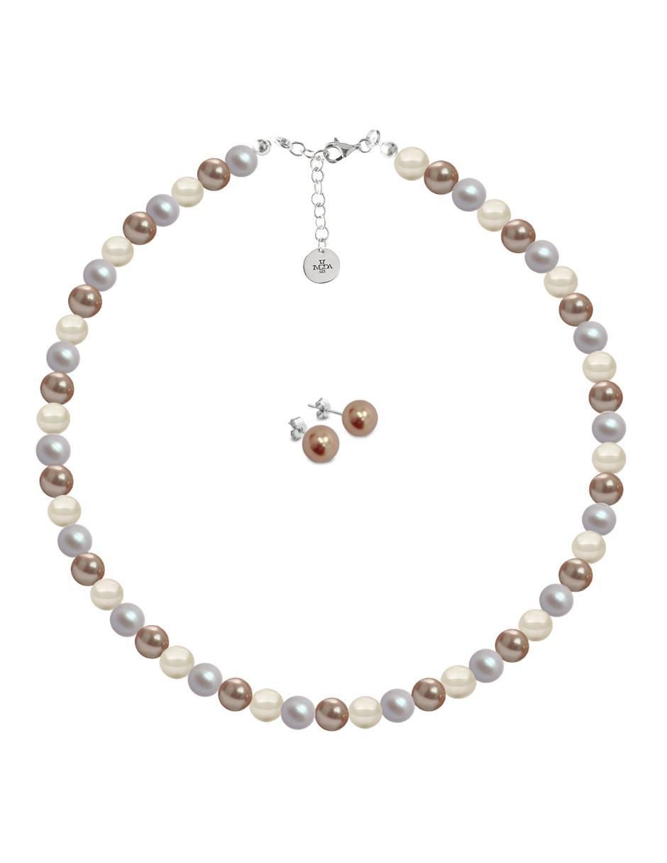 Aretes y collar redondo Pearls de plata p 925 cristal