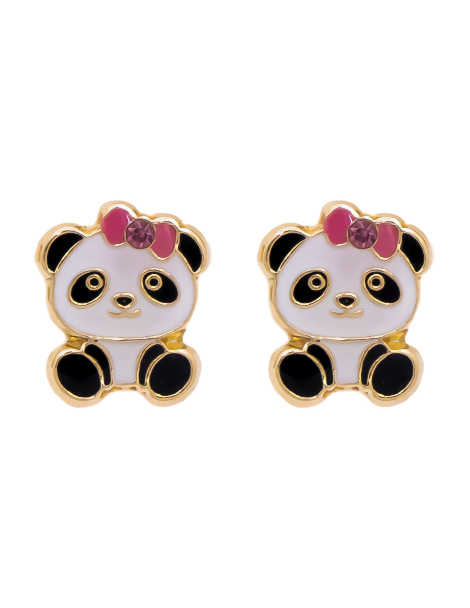 Broqueles de panda de oro amarillo 10 K con acabado esmaltado