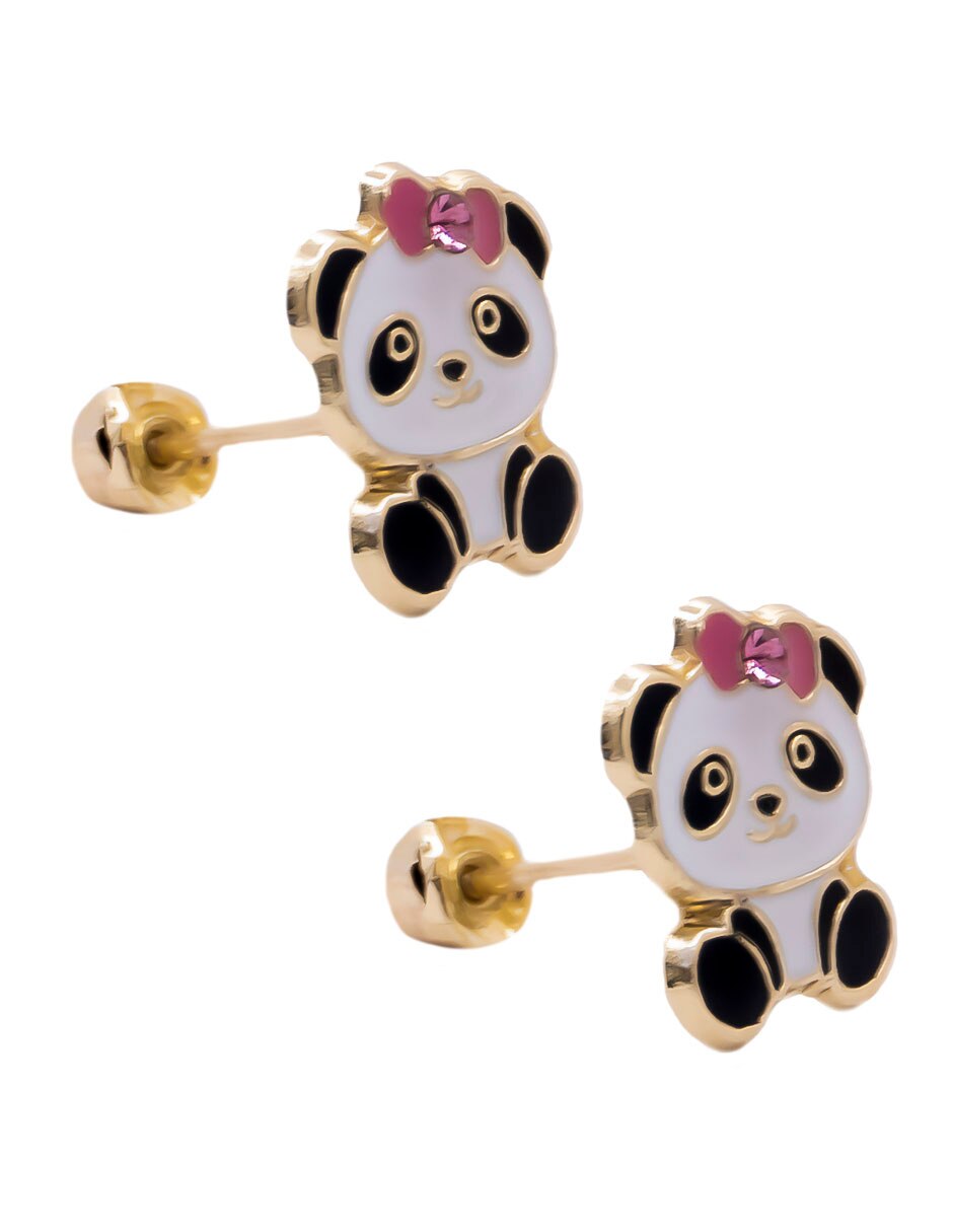 Broqueles de panda de oro amarillo 10 K con acabado esmaltado