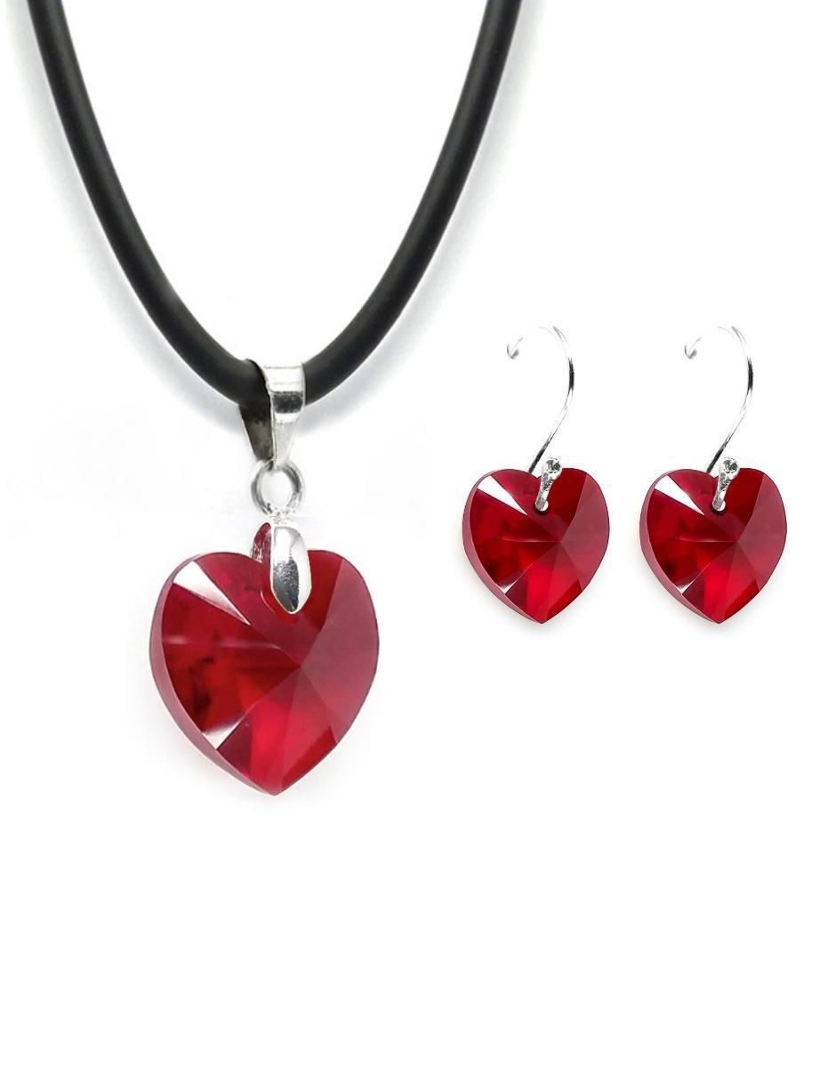 Aretes y collar de corazón de plata p 925 cristal