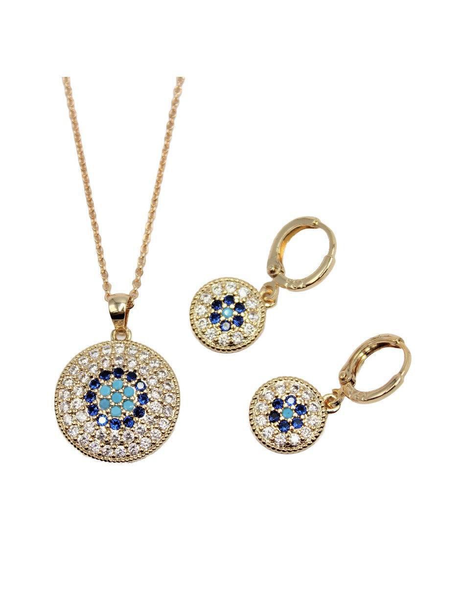 Aretes y collar de ojo Ojo Turco 14 K zirconia cúbica Aretes y collar de ojo Ojo Turco 14 K zirconia cúbica