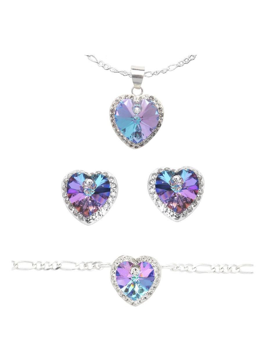 Aretes, collar y pulsera de corazón de plata p 925 zirconia