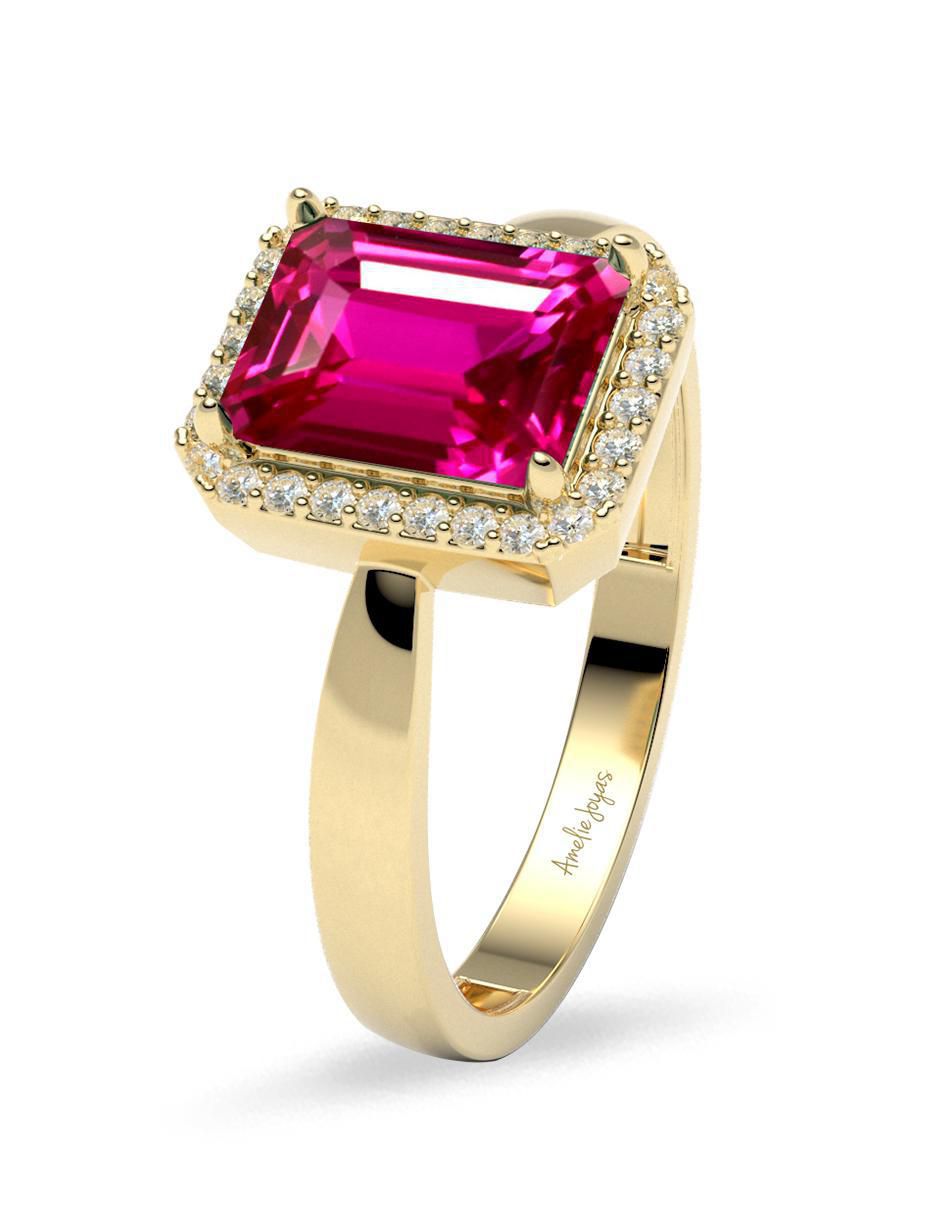Anillo rectangular 14 k de oro zirconia brillante