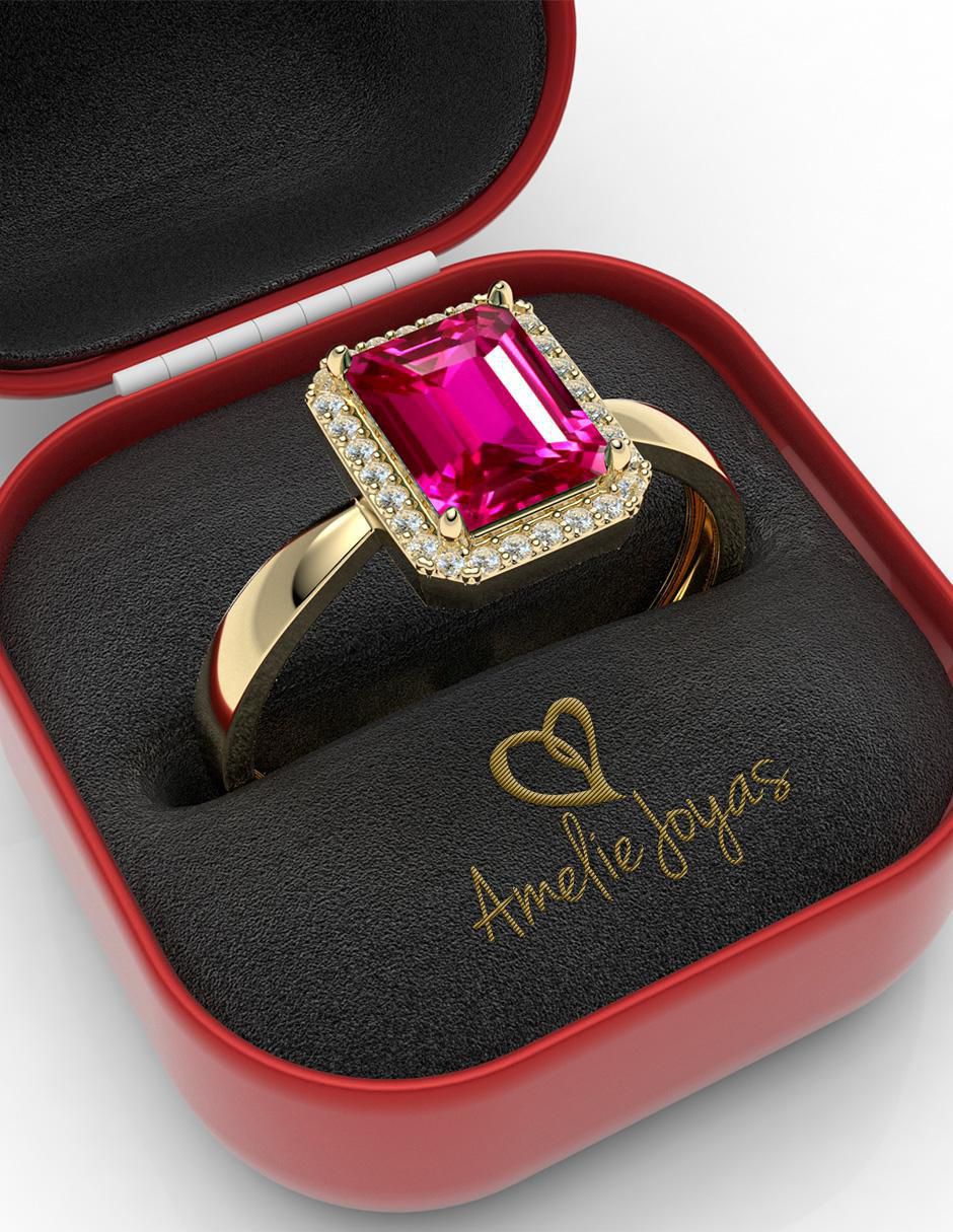 Anillo rectangular 14 k de oro zirconia brillante