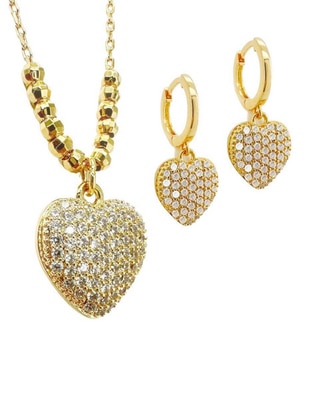 Aretes y collar de corazón Corazón lleno 18 k circonita Aretes y collar de corazón Corazón lleno 18 k circonita