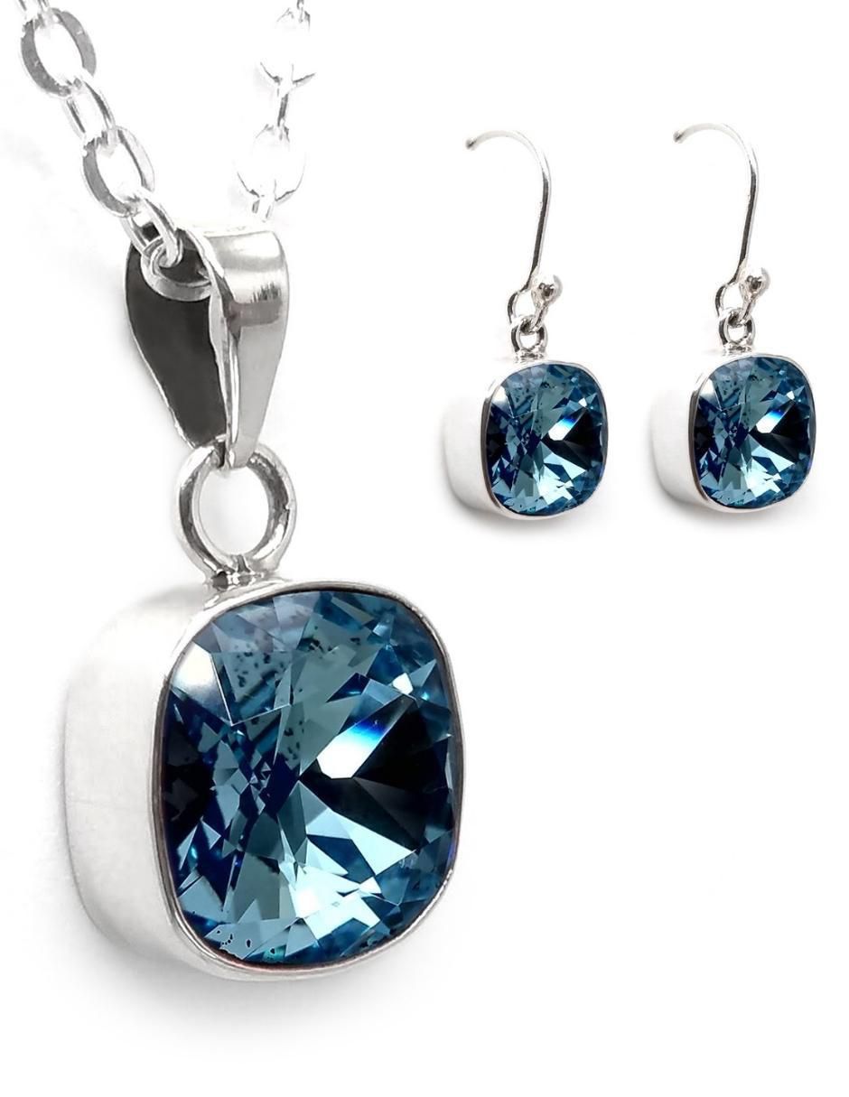 Aretes y collar de cuadrada Cushion de plata P 925 cristal Aretes y collar de cuadrada Cushion de plata P 925 cristal