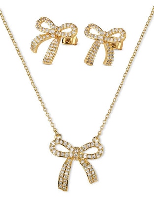 Aretes y collar de moño Moñitos Linda 14 k zirconia cúbica