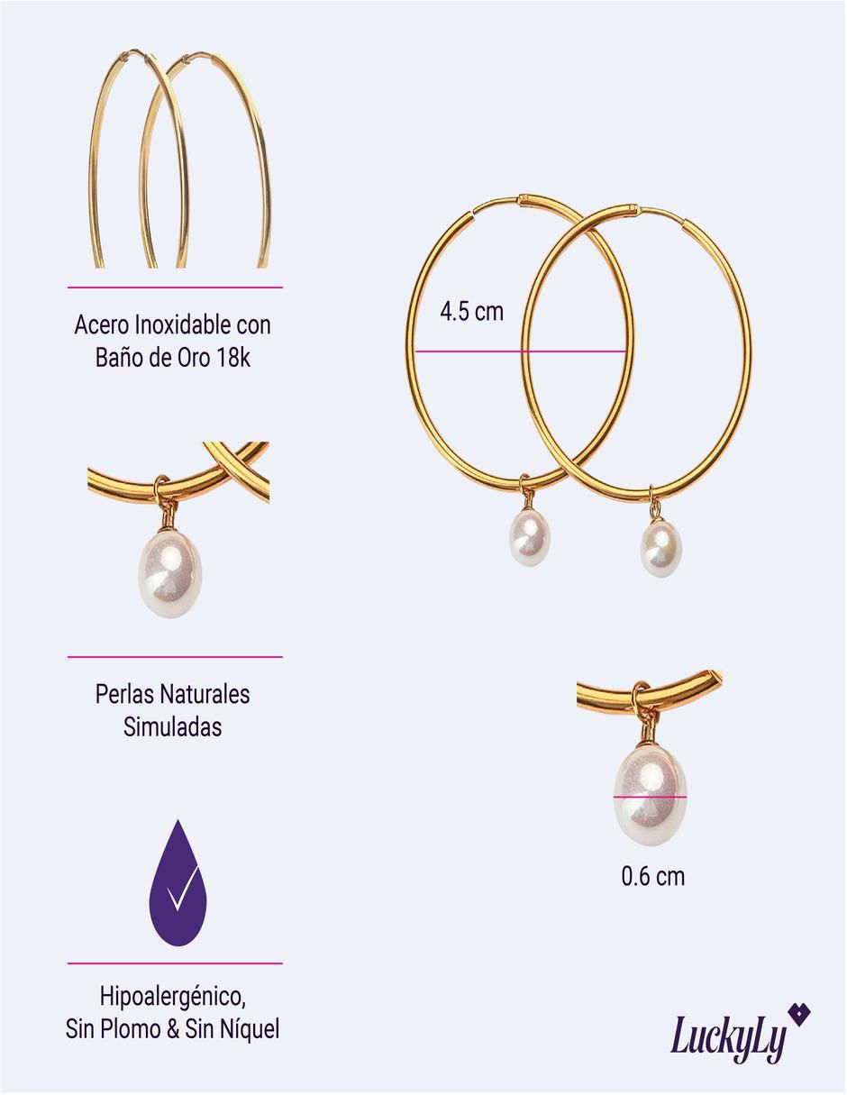 Aretes de aro redondos con acabado baño de oro perla 4