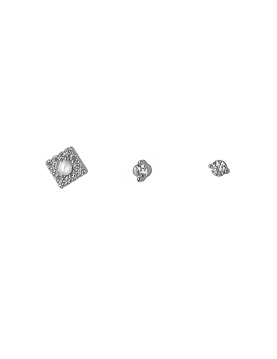Set de aretes cuadrados de plata con acabado baño de rodio perla Set de aretes cuadrados de plata con acabado baño de rodio perla