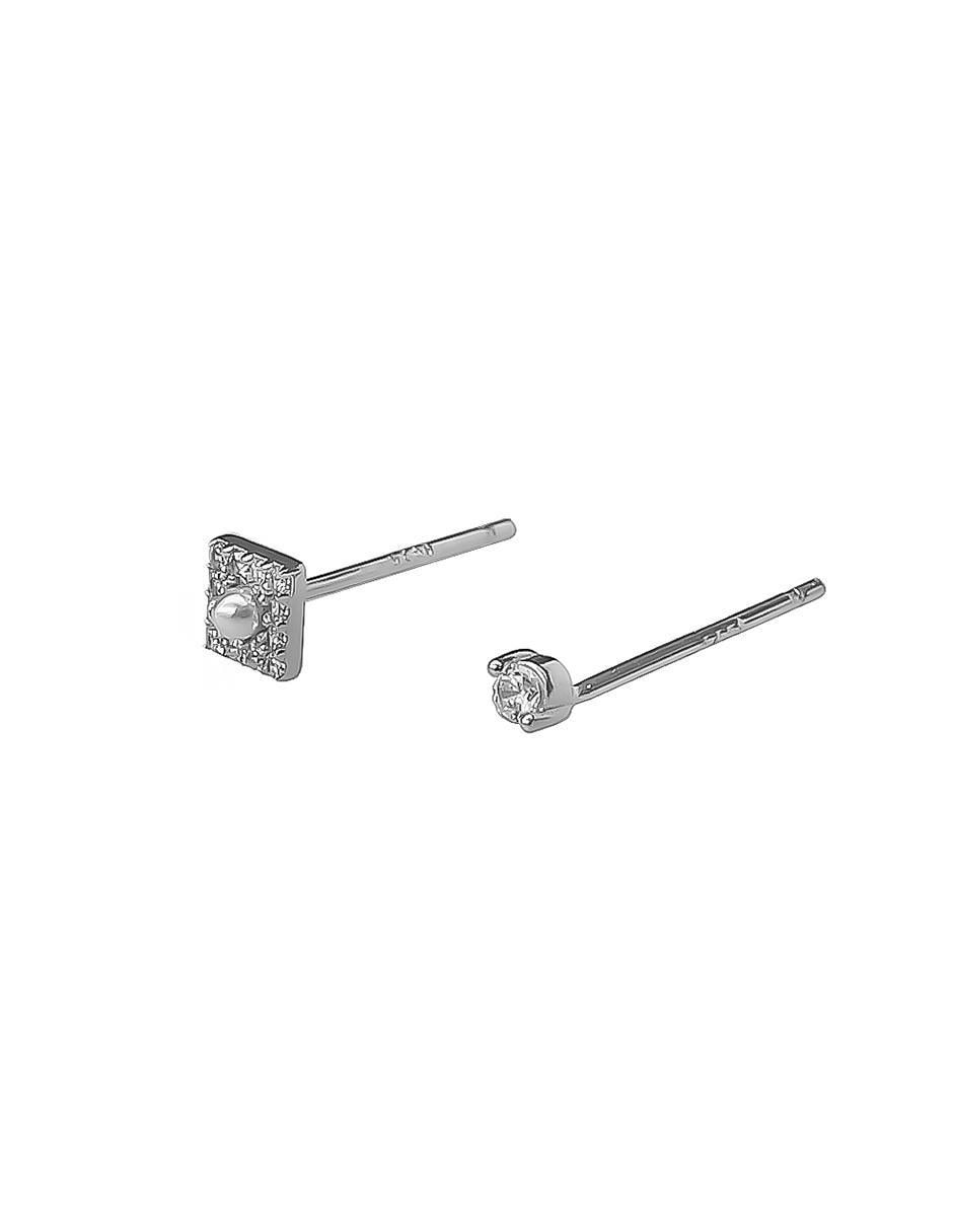 Set de aretes cuadrados de plata con acabado baño de rodio perla 2