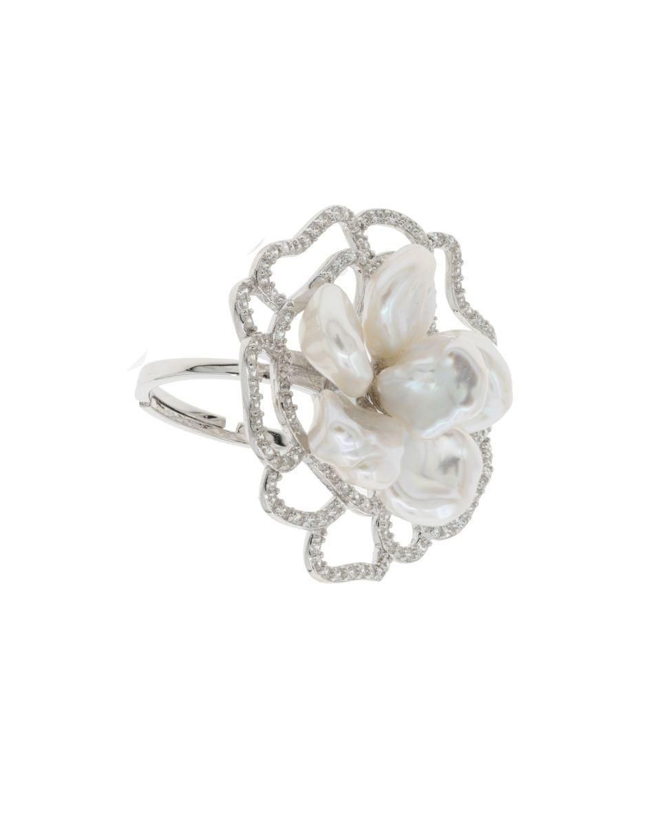 Anillo redondo P 925 de plata perla baño de rodio