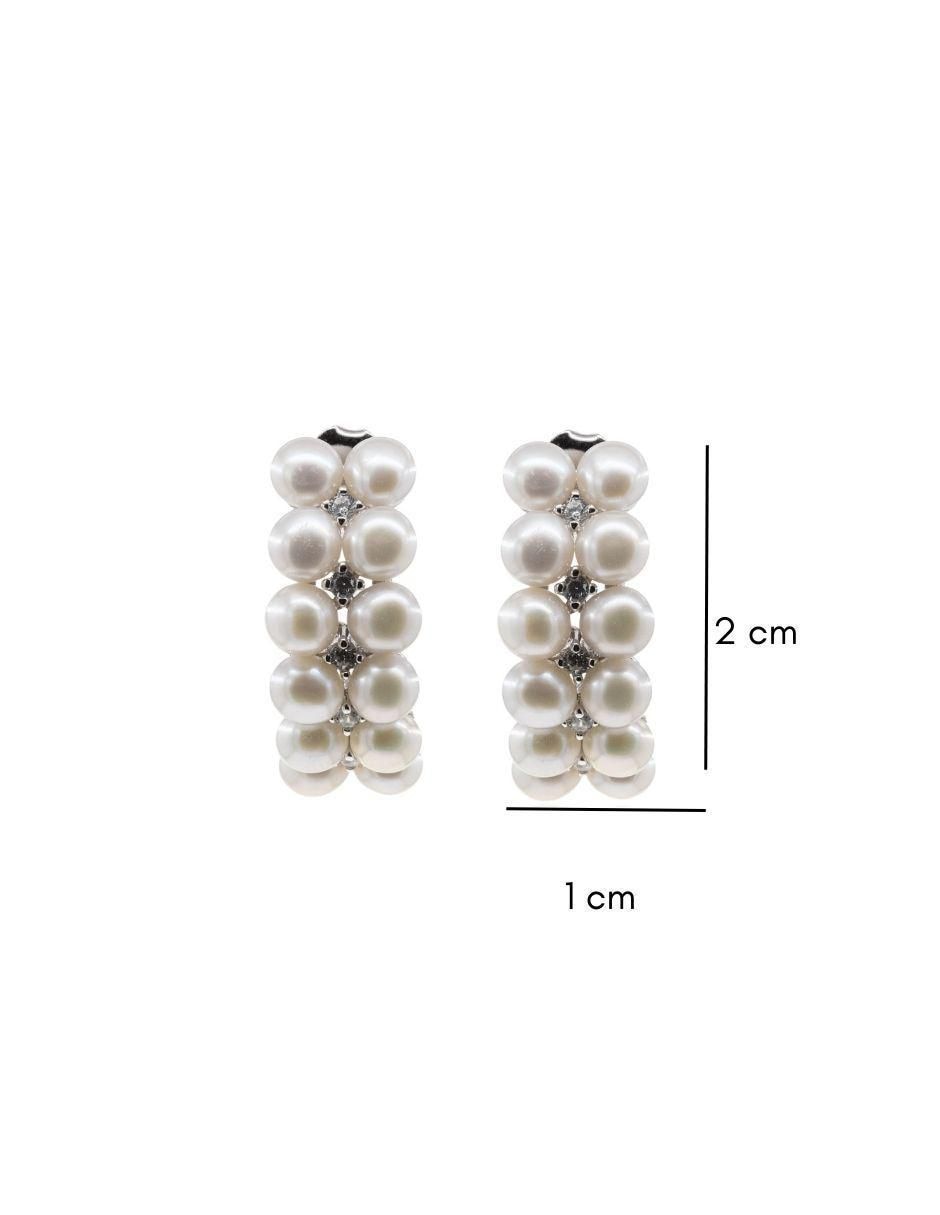 Aretes circulares de plata con acabado baño de rodio perla 3