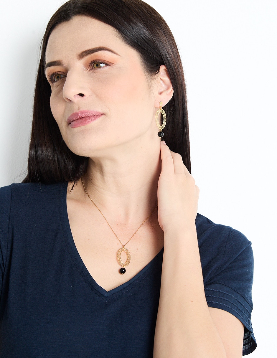 Aretes y collar ovalado Filigrana de plata p 925 ónix 5