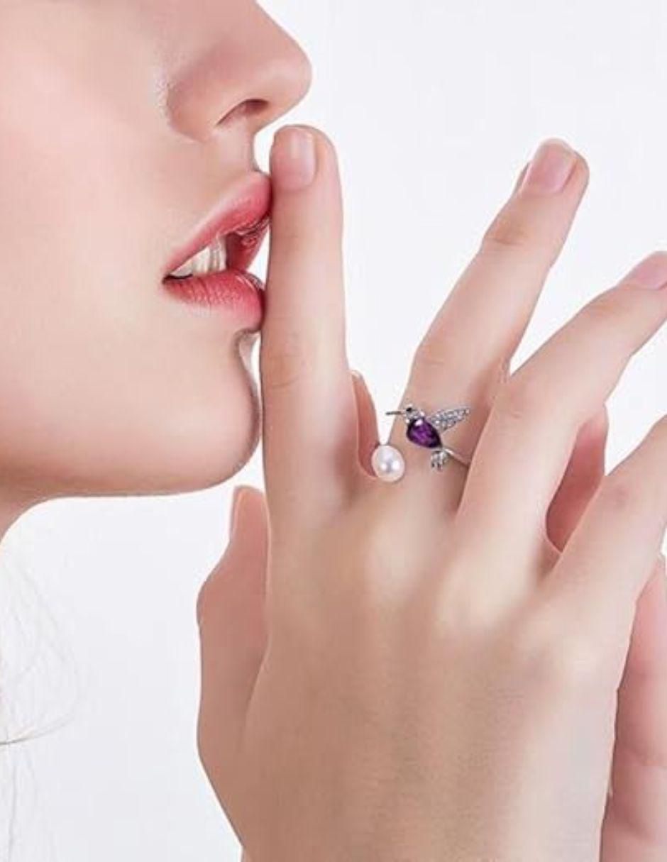 Anillo de colibrí amatista baño de rodio