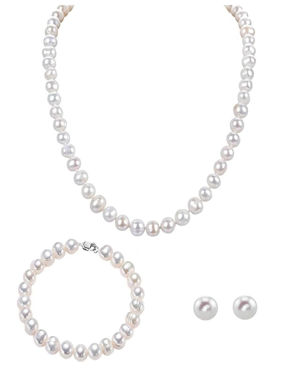Aretes, collar y pulsera de esfera de plata P 925 perla