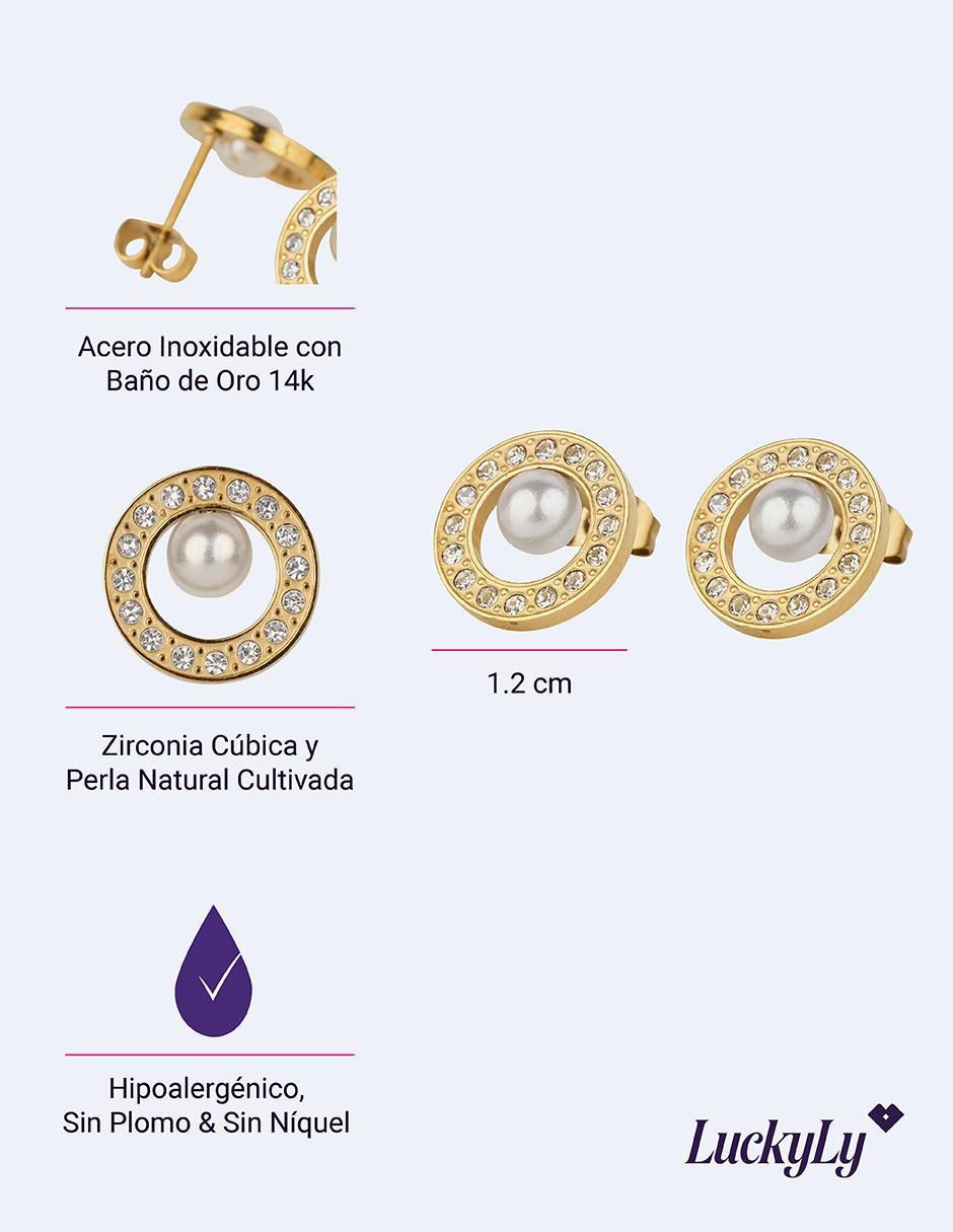 Aretes circulares con acabado baño de oro perla 6