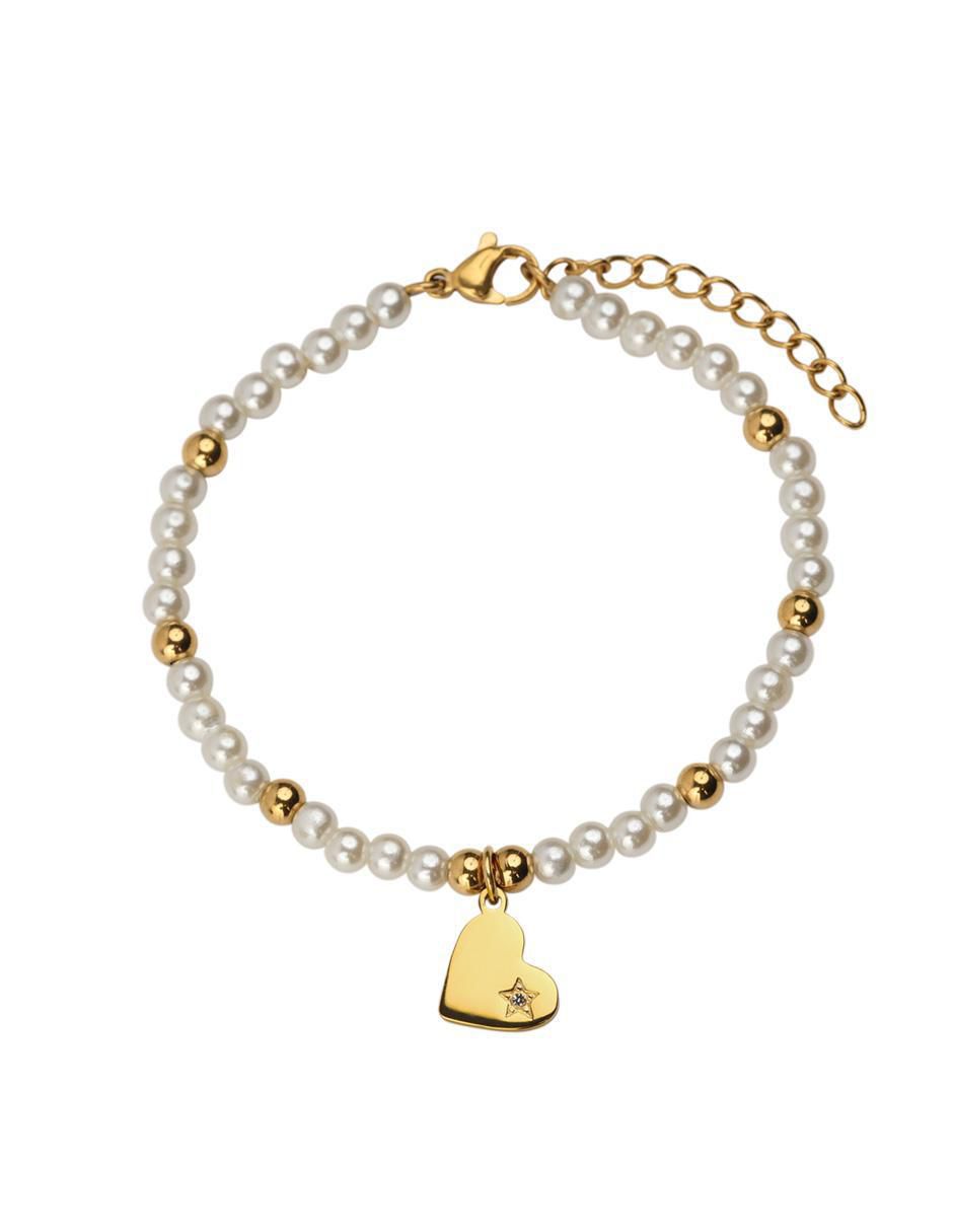 Pulsera con perla 18 k Annie Corazón con acabado baño de oro Pulsera con perla 18 k Annie Corazón con acabado baño de oro
