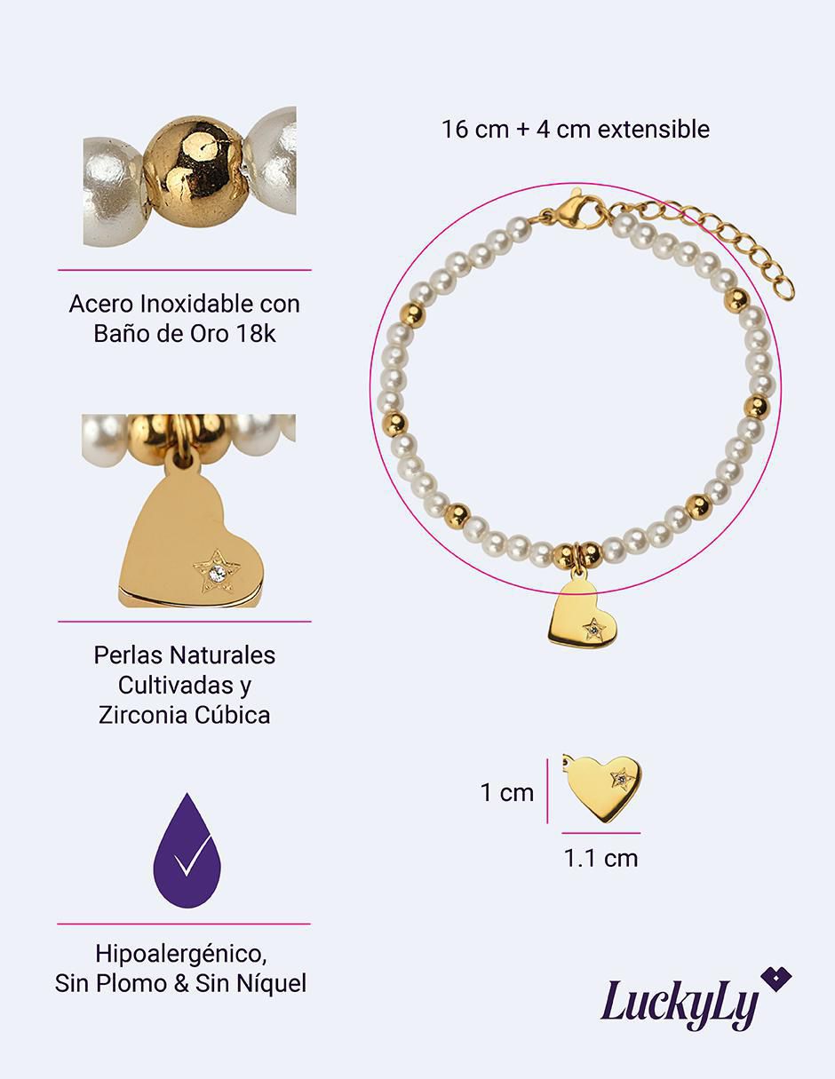 Pulsera con perla 18 k Annie Corazón con acabado baño de oro 7