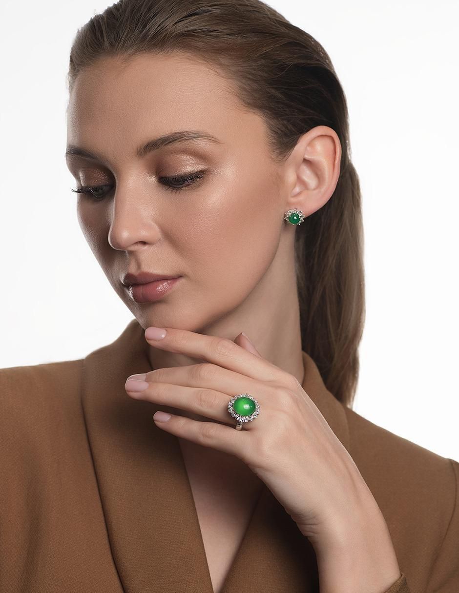 Broqueles circulares de plata P 925 agata verde natural 5