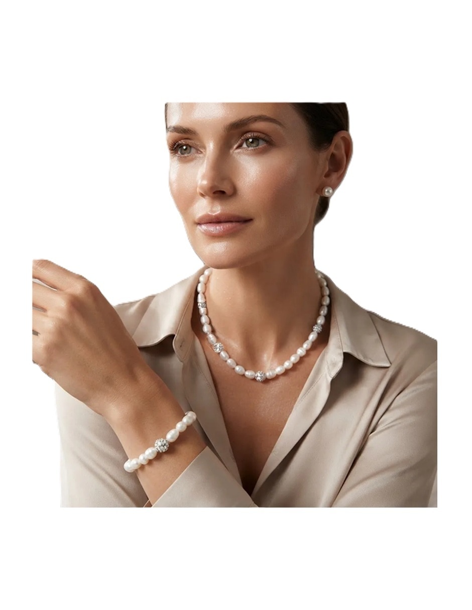 Aretes, collar y pulsera de gota de plata p 925 perla 5