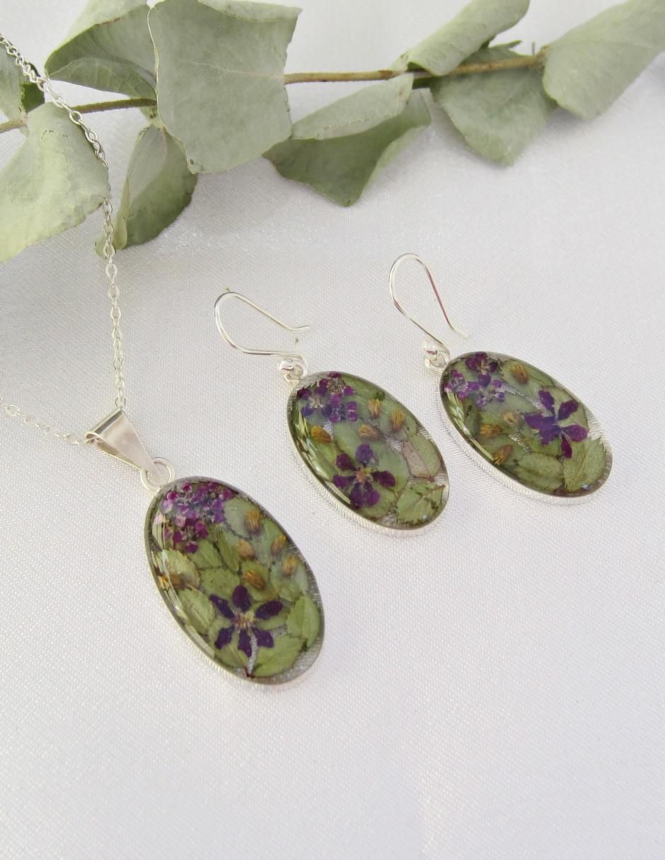 Aretes y collar ovalado Hiedra Morada de plata p 925 4