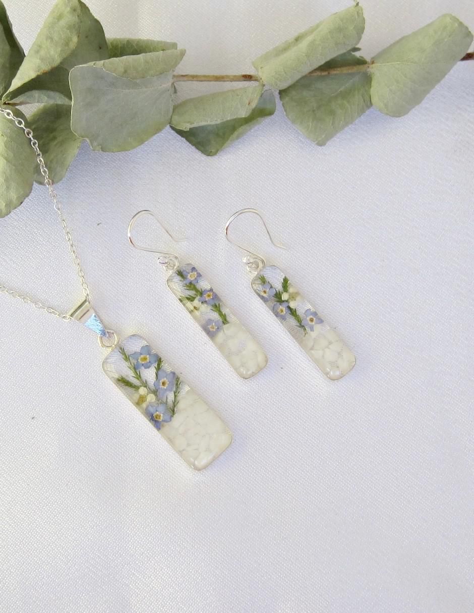 Aretes y collar rectangular Petick Jardín Azul de plata p 925 4