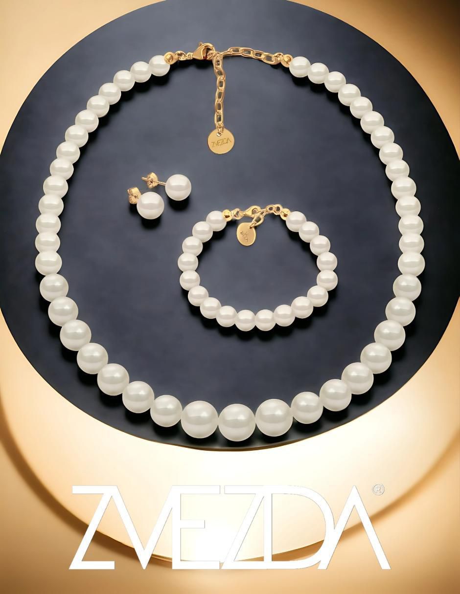 Aretes, collar y pulsera de redonda Aurore 18 K perla de cristal 8