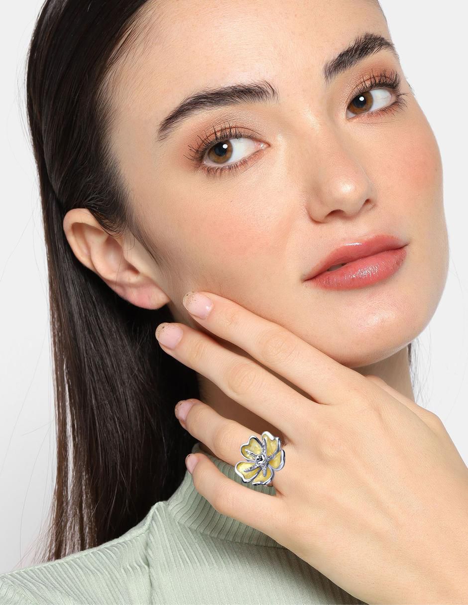 Anillo multi gemas de flor Elegance cristal baño de oro blanco