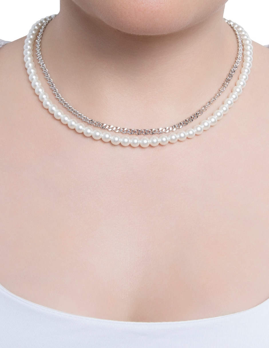 Collar de varios hilos perla y cadena diamantada