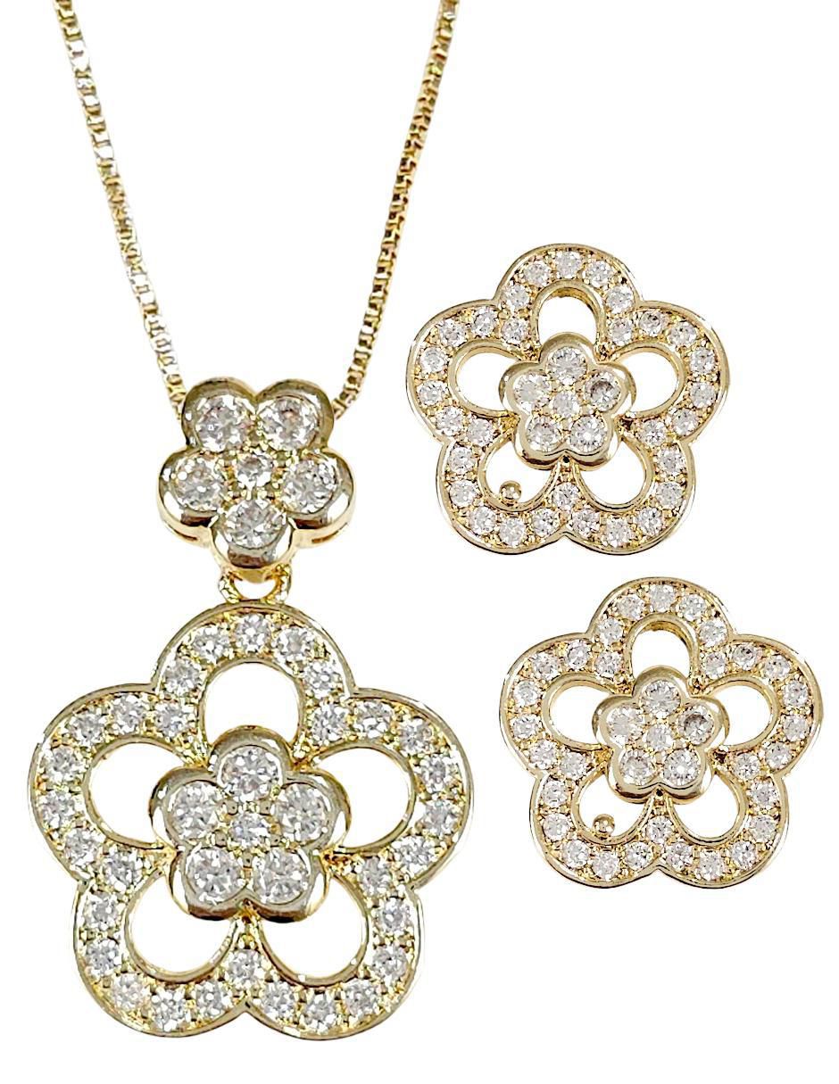 Aretes y collar de flor 18 k zirconia