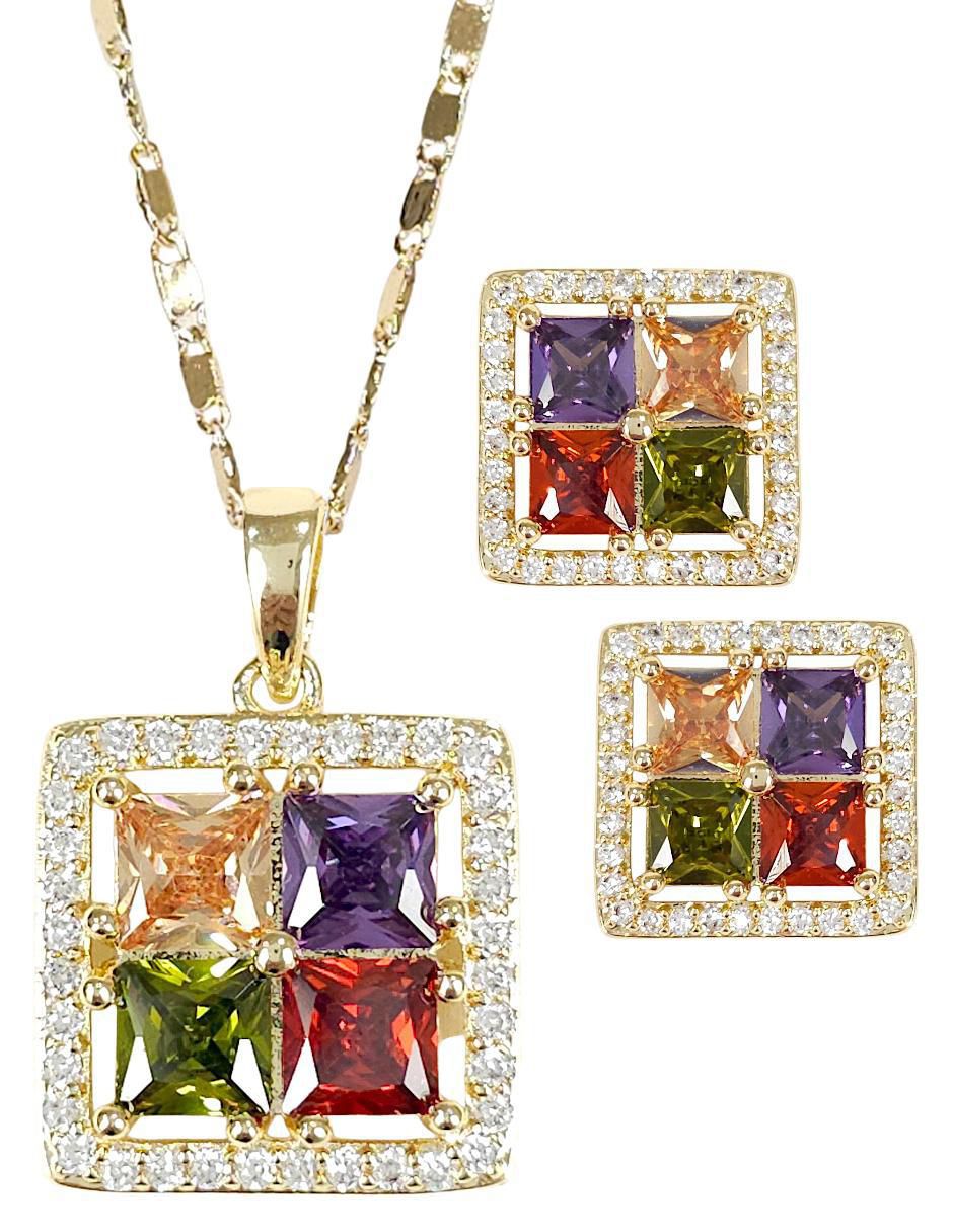 Aretes y collar cuadrado 18 k zirconia