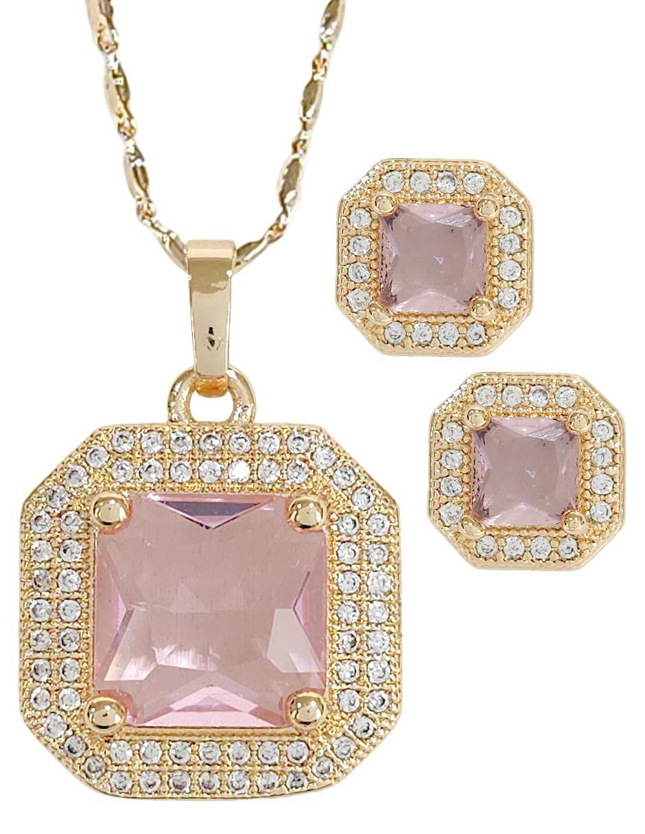 Aretes y collar hexagonal 18 k zirconia