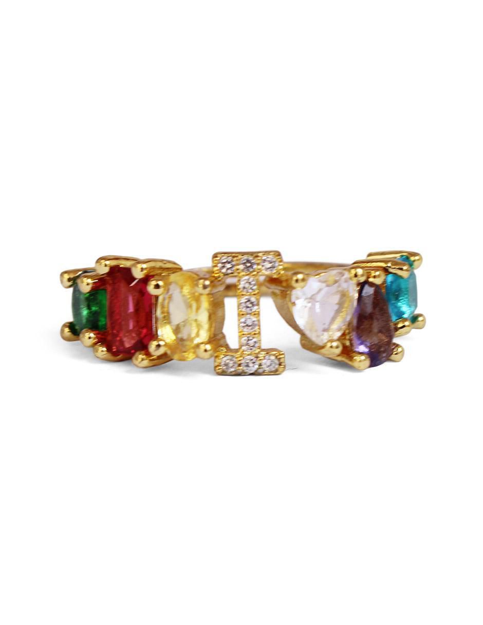 Anillo de letras 10 k de oro laminado zirconia cúbica pulido Anillo de letras 10 k de oro laminado zirconia cúbica pulido