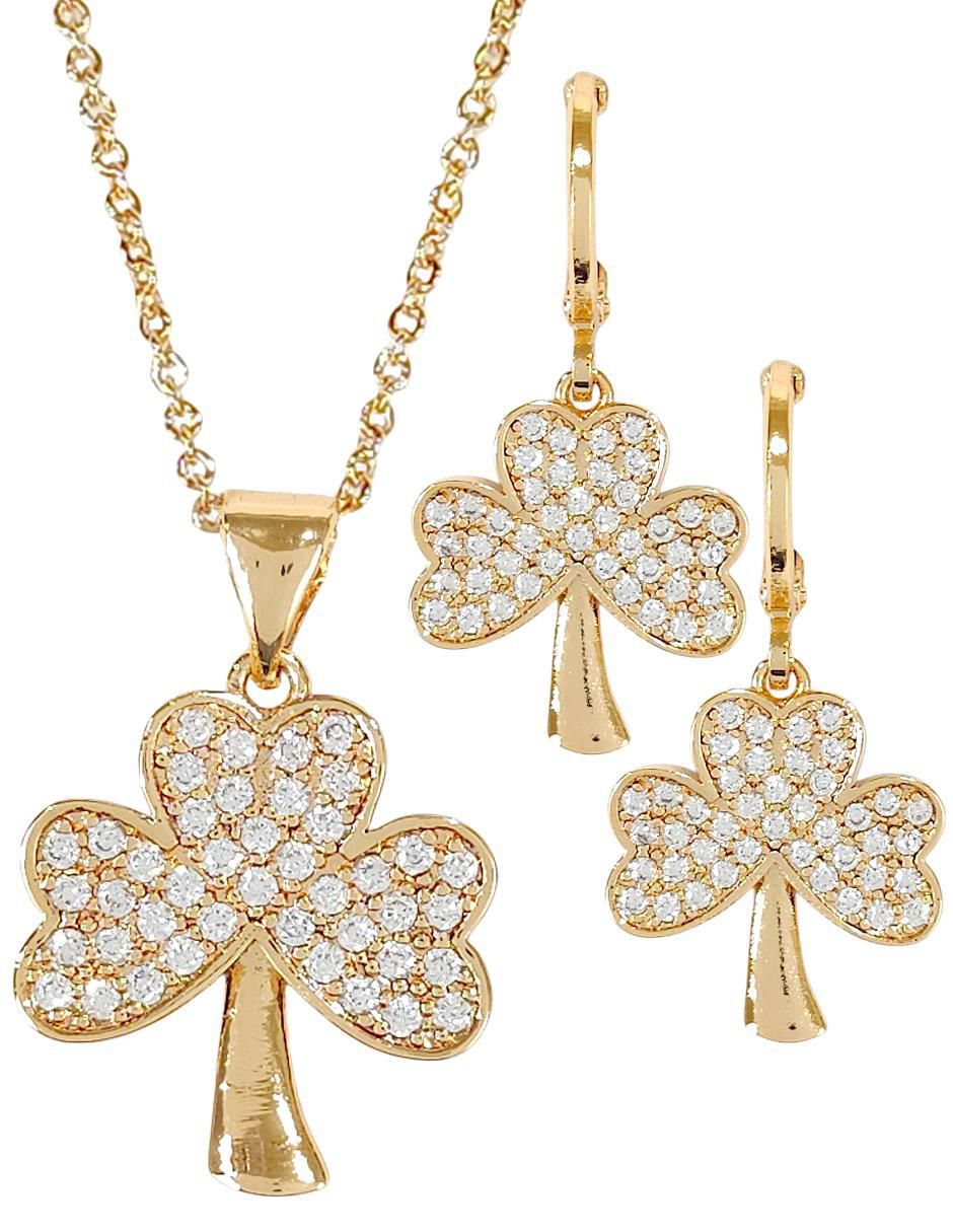 Aretes y collar de trébol 18 k zirconia