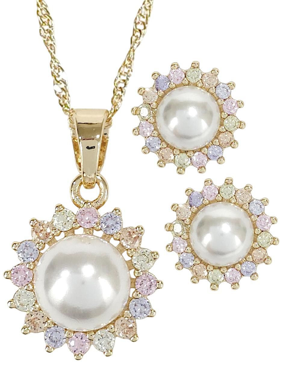 Aretes y collar circular 18 k perla de cristal