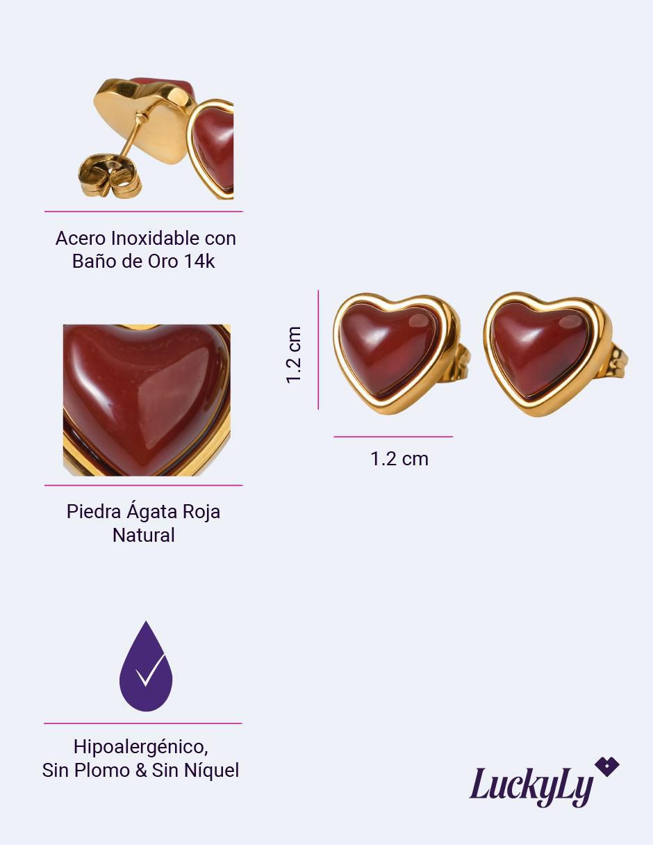 Broqueles de corazón con acabado baño de oro 14 K cuarzo 8