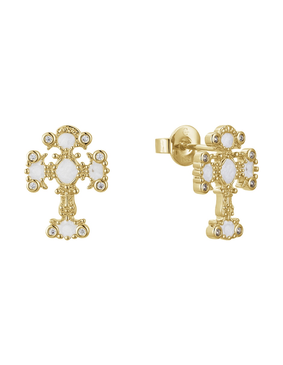 Aretes de cruz con acabado baño de oro 14 K