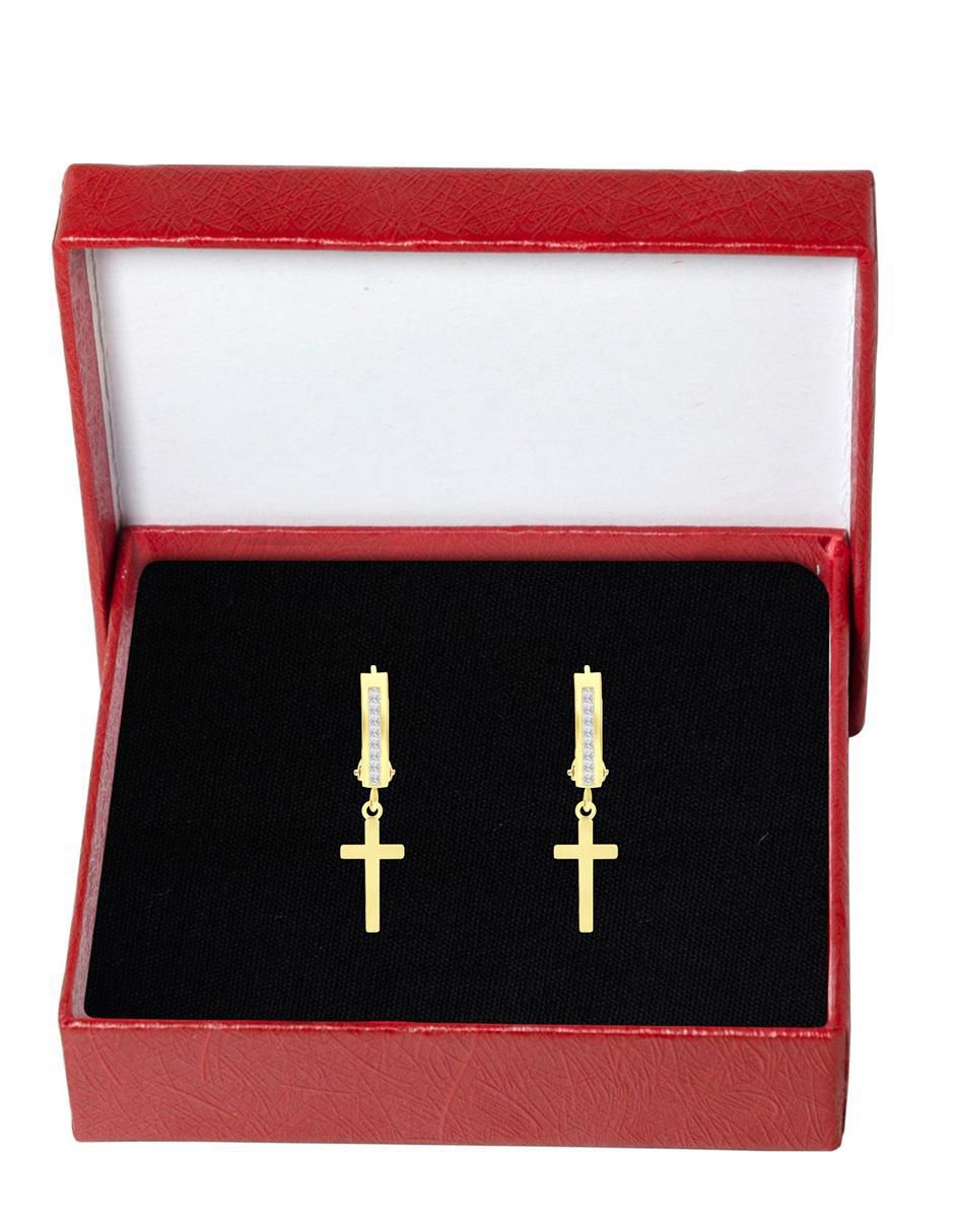 Aretes de cruz de oro 10 K con acabado pulido zirconia Aretes de cruz de oro 10 K con acabado pulido zirconia