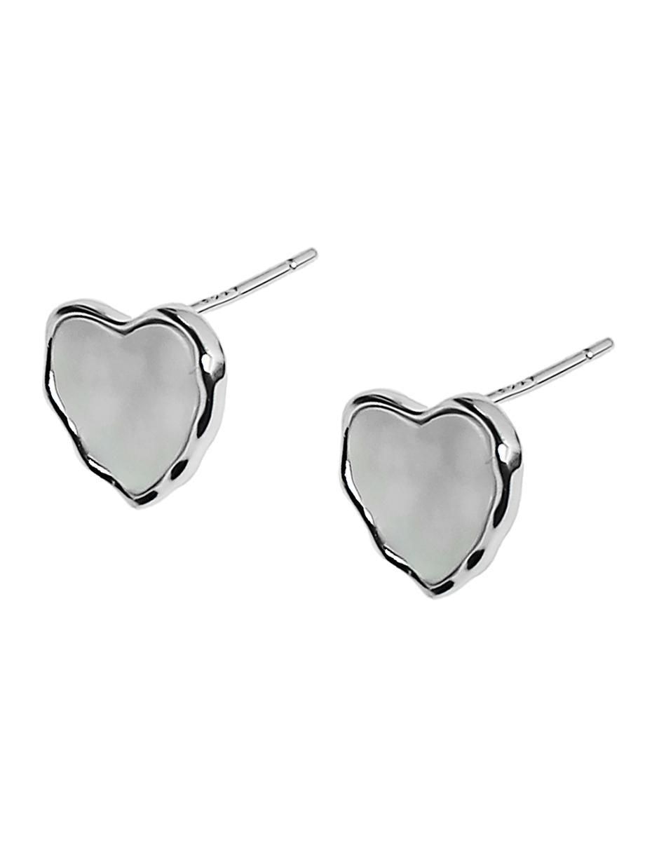 Aretes de corazón de plata P 925 con acabado baño de rodio madre perla 2
